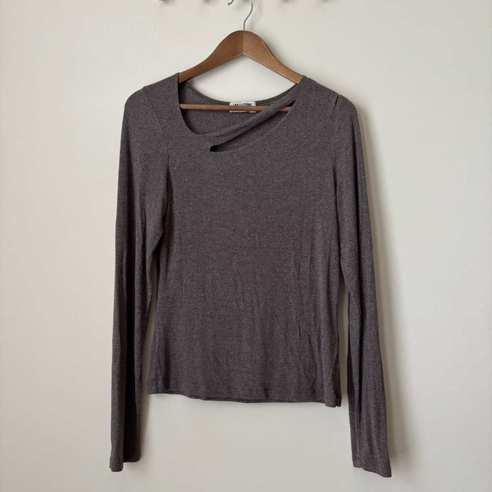 LNA Brown Ribbed Cut Out Long Sleeve Top Large